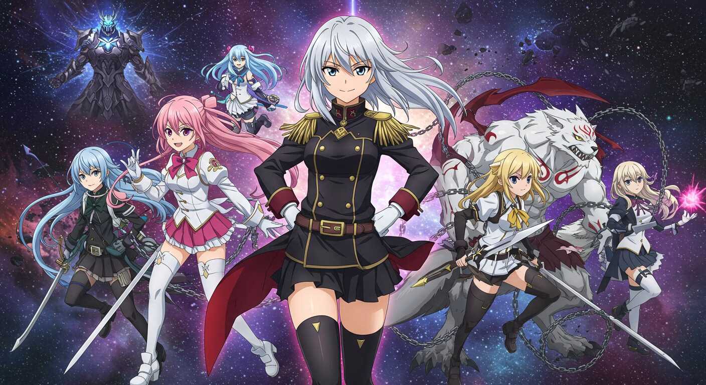 アニメ『魔都精兵のスレイブ』メインキャラクター集合ビジュアル、銀髪少女を中心に仲間たちが宇宙空間に立つ