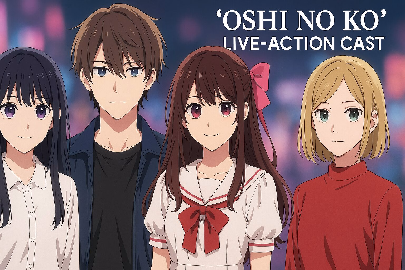 実写版『推しの子』の登場人物にインスパイアされた4人のキャラクターが並ぶアニメ風イメージビジュアル。AI生成・非公式素材。
