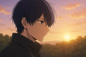 アニメ風の男子キャラクターが夕暮れの風景を背景に考え込む場面。柔らかな夕日が未来への希望を象徴している。AI生成・非公式素材。