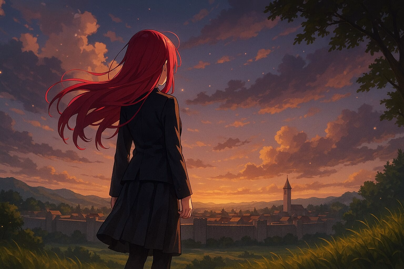夕焼けに染まる丘の上から街を見下ろす赤髪の少女の後ろ姿。感情の変化を象徴するアニメ調の幻想的な風景イラスト。AI生成イメージ画像/非公式素材