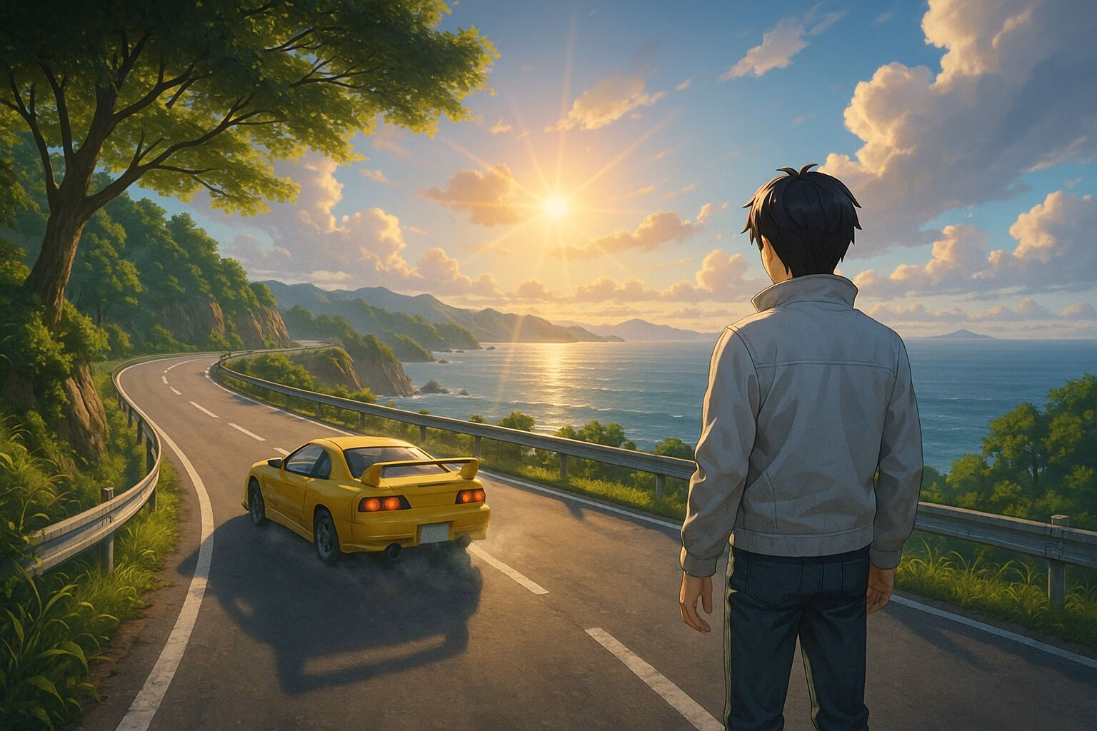 夕焼けの海沿いの道路を見つめる若者の後ろ姿と、遠ざかる黄色いスポーツカー。静かで感情的な旅路の始まりを象徴する風景。AI生成イメージ画像/非公式素材