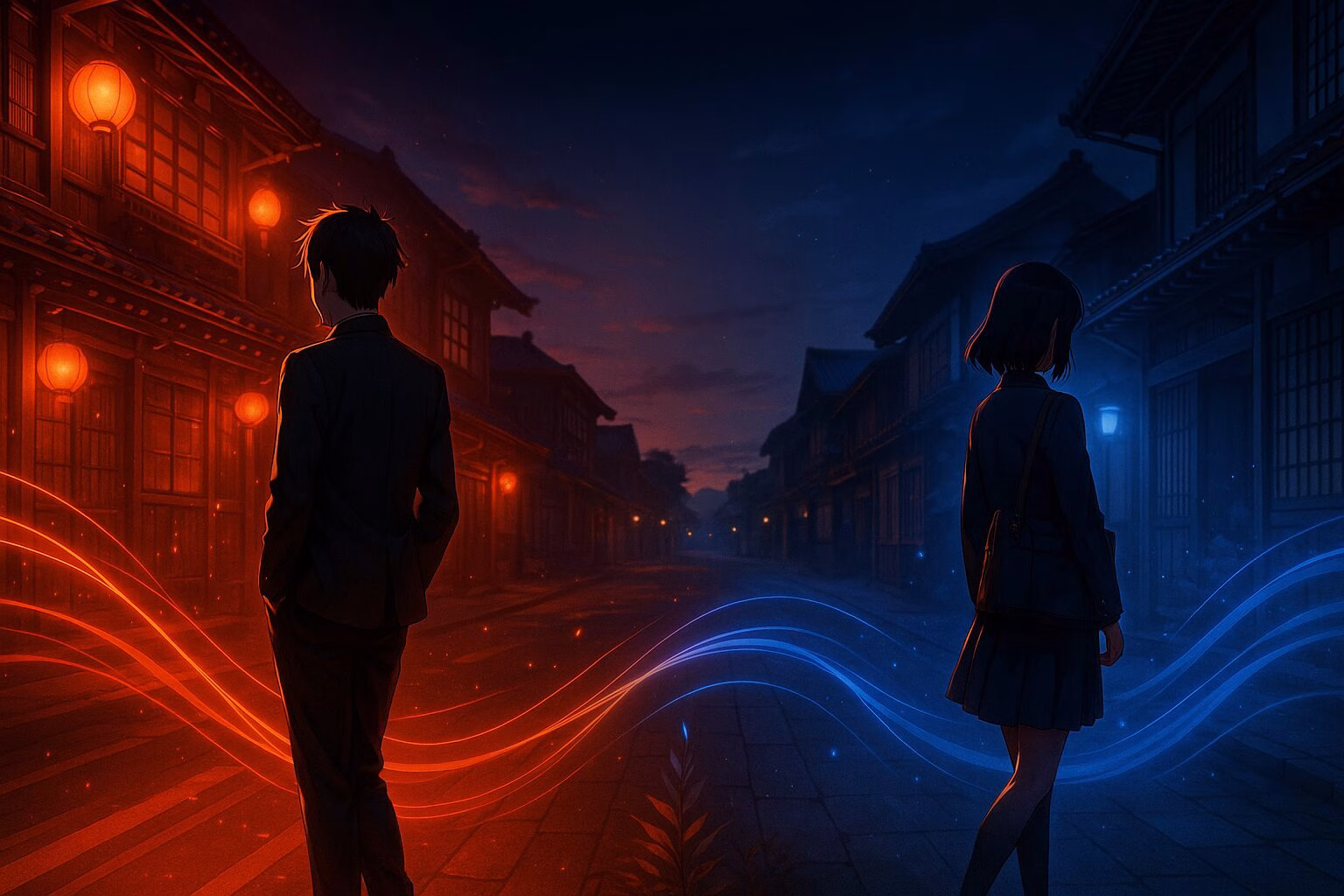 夕暮れの街を背を向けて歩く男女のシルエット。赤と青の光が感情の対比を象徴するアニメ風イラスト。AI生成イメージ画像/非公式素材