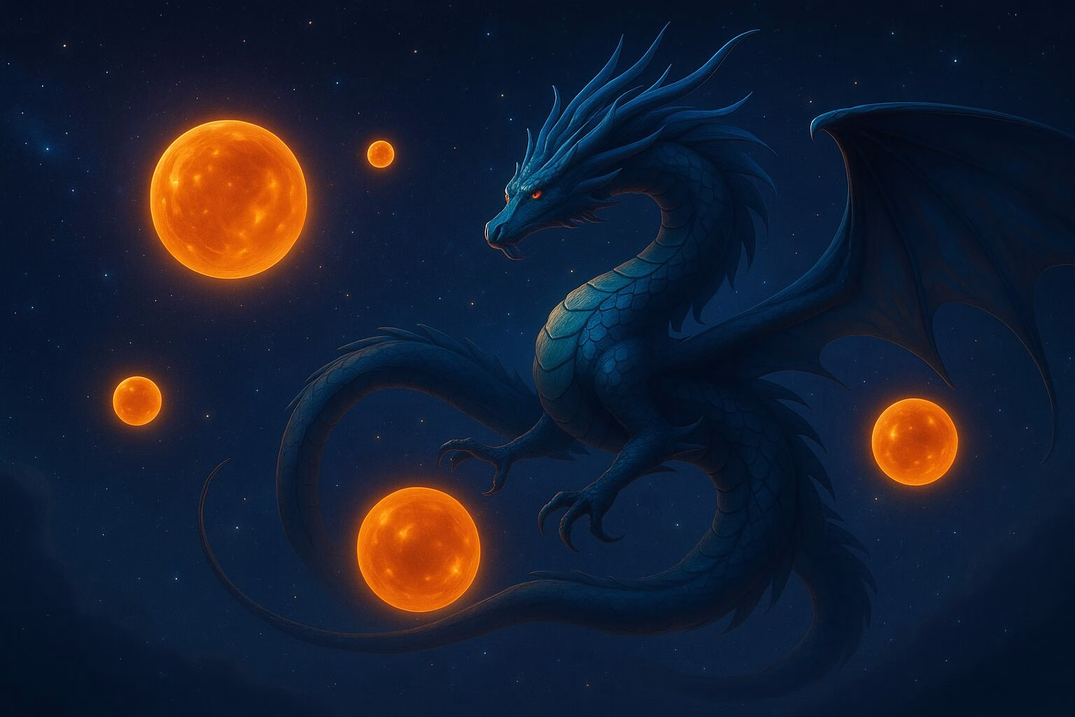 幻想的な宇宙空間に浮かぶ龍と光り輝くオレンジ色の球体のイラスト。AI生成イメージ画像/非公式素材