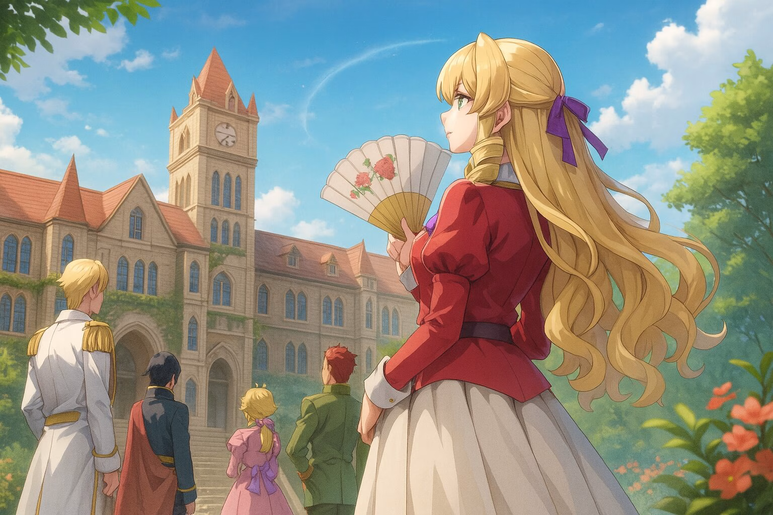 ファンタジー風の学園を背景に、赤いドレス姿の女性と仲間たちが温かく和やかな雰囲気で立つ3DCGアニメ風イラスト。AI生成イメージ画像/非公式素材