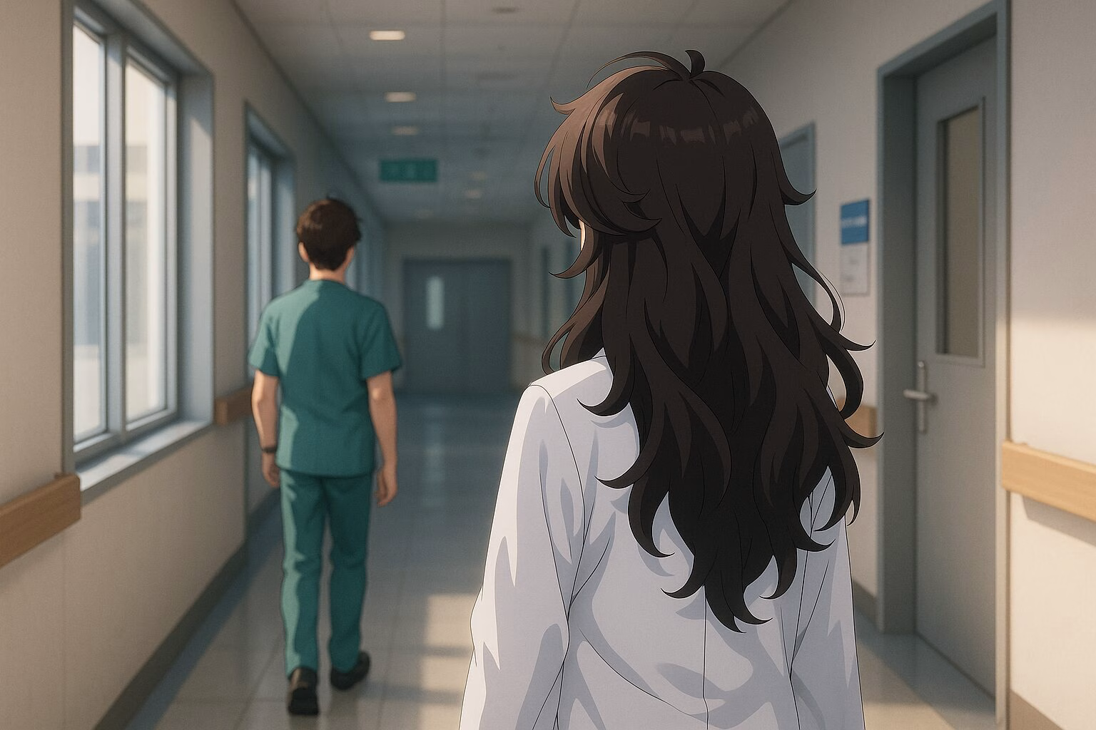 病院の廊下に立つ長髪の女性医師と、歩いて行く男性医療スタッフの後ろ姿を描いた3DCGアニメ風イラスト。落ち着いた光と清潔感のある空間が、ミステリアスかつ静かな雰囲気を演出している。。AI生成イメージ画像/非公式素材