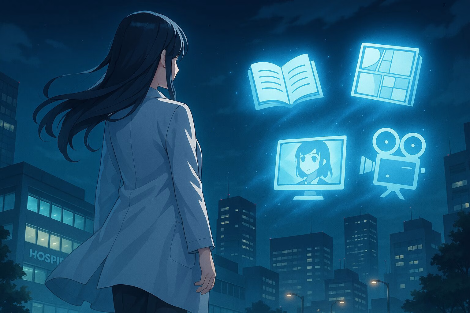 夜の都市を背景に白衣の女性が後ろ姿で立ち、上空に本・漫画・アニメ・映像を象徴するアイコンが浮かぶ、物語性を感じさせるイメージビジュアル。AI生成イメージ画像/非公式素材