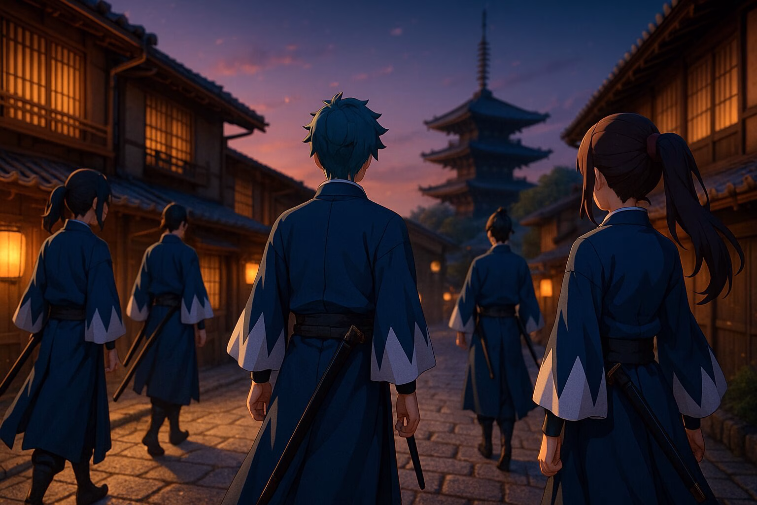 夕暮れの京都風街並みに立つアニメ風の侍たちの後ろ姿。静かな雰囲気の中、伝統的な衣装を身にまとい、歴史的世界観を感じさせる構図。AI生成イメージ画像/非公式素材
