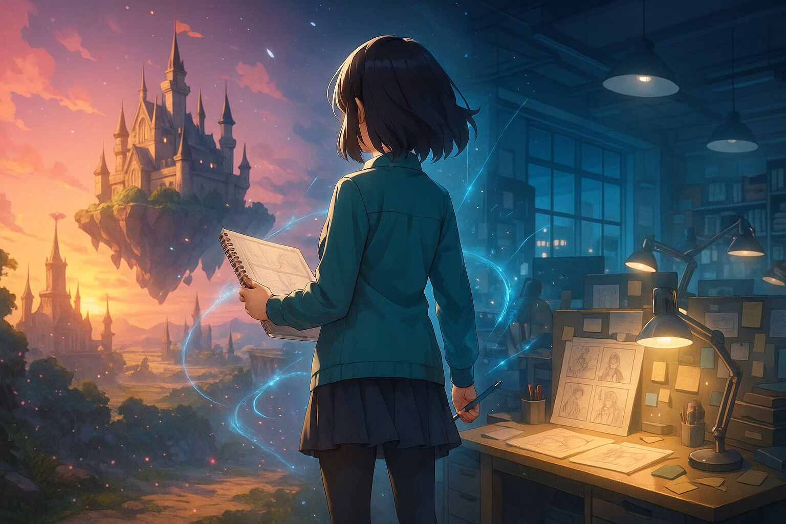異世界の幻想的な風景とアニメ制作スタジオが交差する場面で、スケッチブックを持った若い女性が中央に立つ後ろ姿のイラスト。AI生成イメージ画像/非公式素材