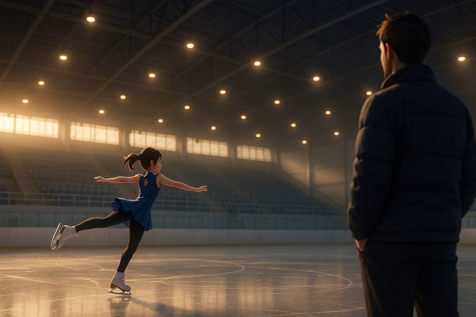 フィギュアスケートを練習する少女が氷上でジャンプを決め、近くで見守るコーチがいる光景。夢と成長を感じさせる温かい雰囲気のイラスト。AI生成イメージ画像/非公式素材