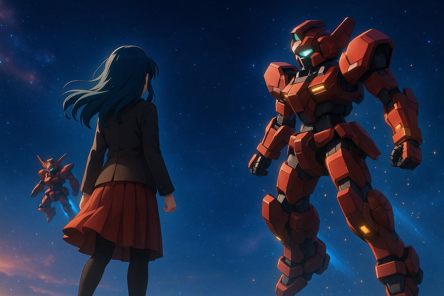 宇宙空間で赤い試作型ロボットと向き合う女子キャラクターの後ろ姿。もう1体の機体が遠方に浮かぶ近未来的なシーン。AI生成イメージ画像/非公式素材