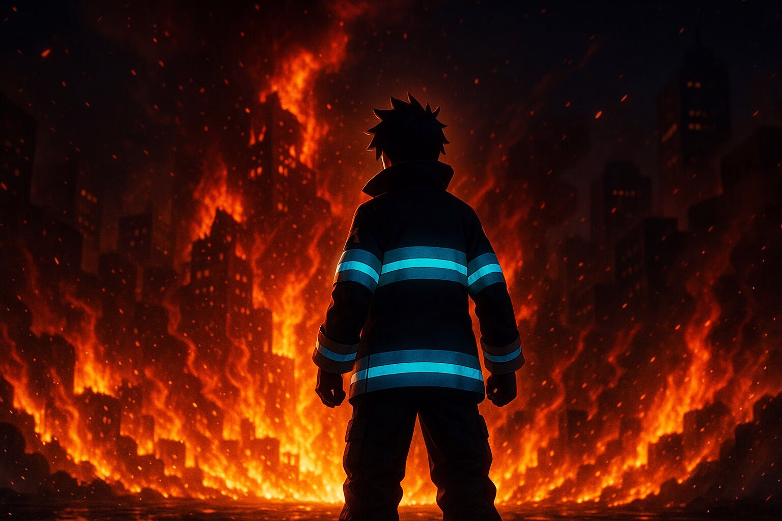 夜の都市を背景に、炎に立ち向かう消防隊風キャラクターの後ろ姿を描いたアニメ風3DCGイラスト。AI生成イメージ画像/非公式素材