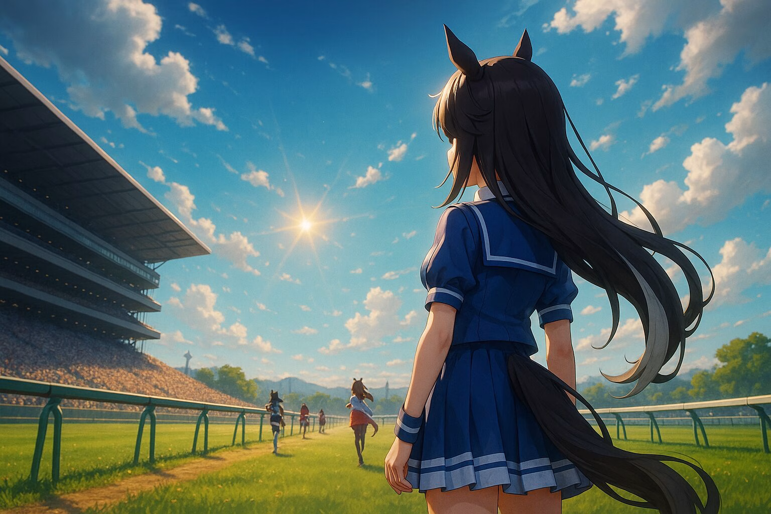 アニメ風の女の子が競技場のトラックを見つめている様子。青空の下でスポーツイベントが行われているシーン。AI生成イメージ画像/非公式素材