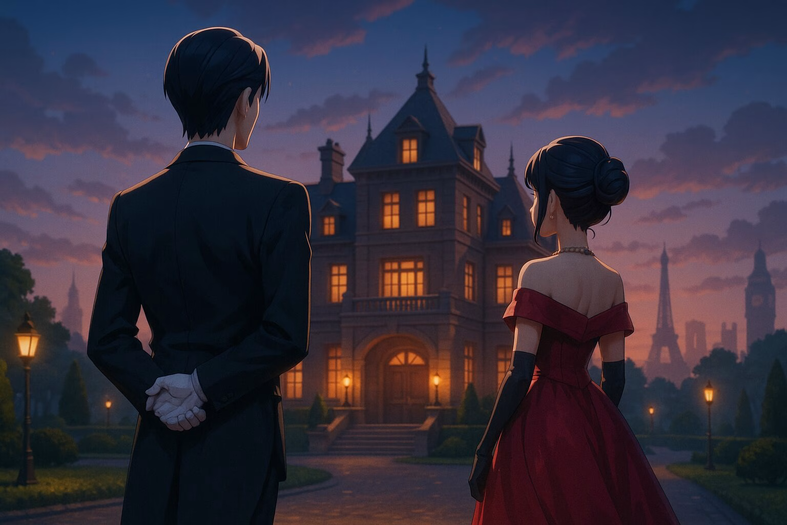 洋館の前に立つ執事とドレス姿の女性を描いたアニメ風3DCGイラスト。夕暮れの庭園と世界のランドマークが幻想的に描かれている。AI生成イメージ画像/非公式素材