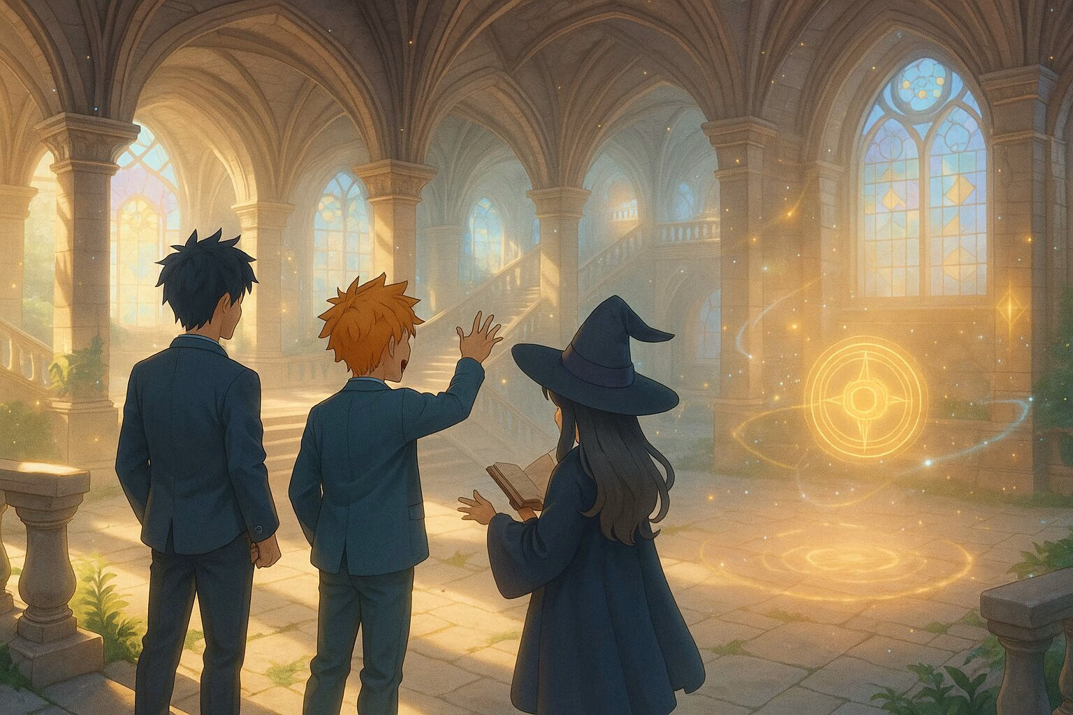 学校の中庭で光る魔法陣を見つめる3人の学生たちの後ろ姿を描いた3DCG風イラスト。幻想的な雰囲気の中、夕暮れの光が差し込むゴシック風建築の背景。AI生成イメージ画像/非公式素材