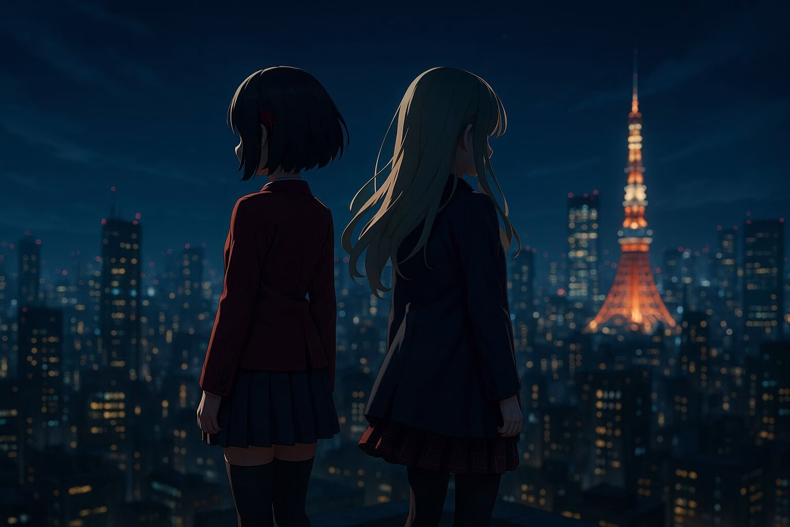 都市の夜景を背景に、屋上で背中合わせに立つ二人の少女を描いたアニメ風イラスト。AI生成イメージ画像/非公式素材
