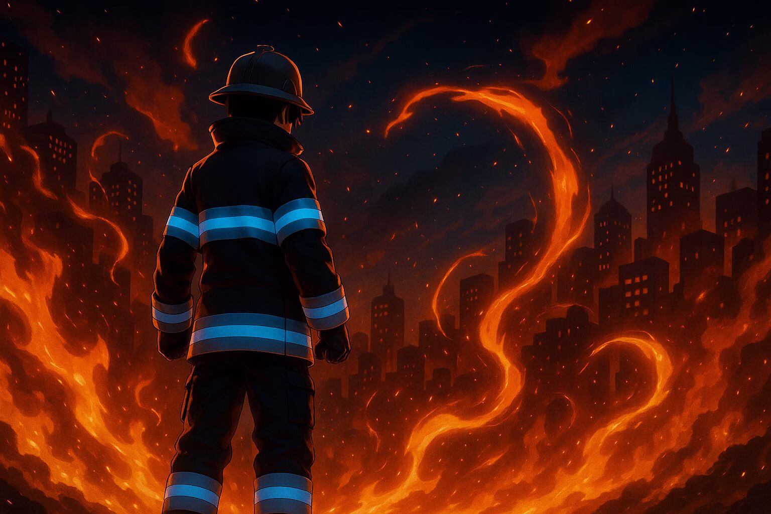 炎に包まれた都市を背に立つアニメ風の消防士の後ろ姿。夜空に赤く舞い上がる火の粉と奥行きのある構図が印象的なシーン。AI生成イメージ画像/非公式素材