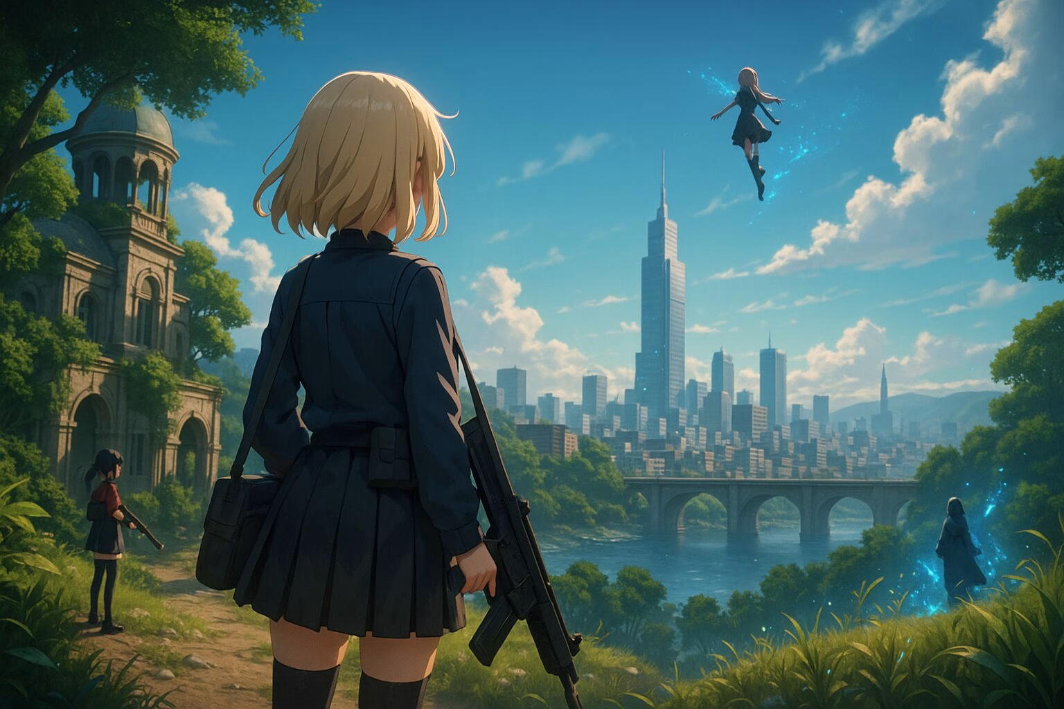 銃を手にした制服姿の少女たちが、自然と都市が交差する幻想的な風景の中に佇むアニメ風ビジュアル。AI生成イメージ画像/非公式素材