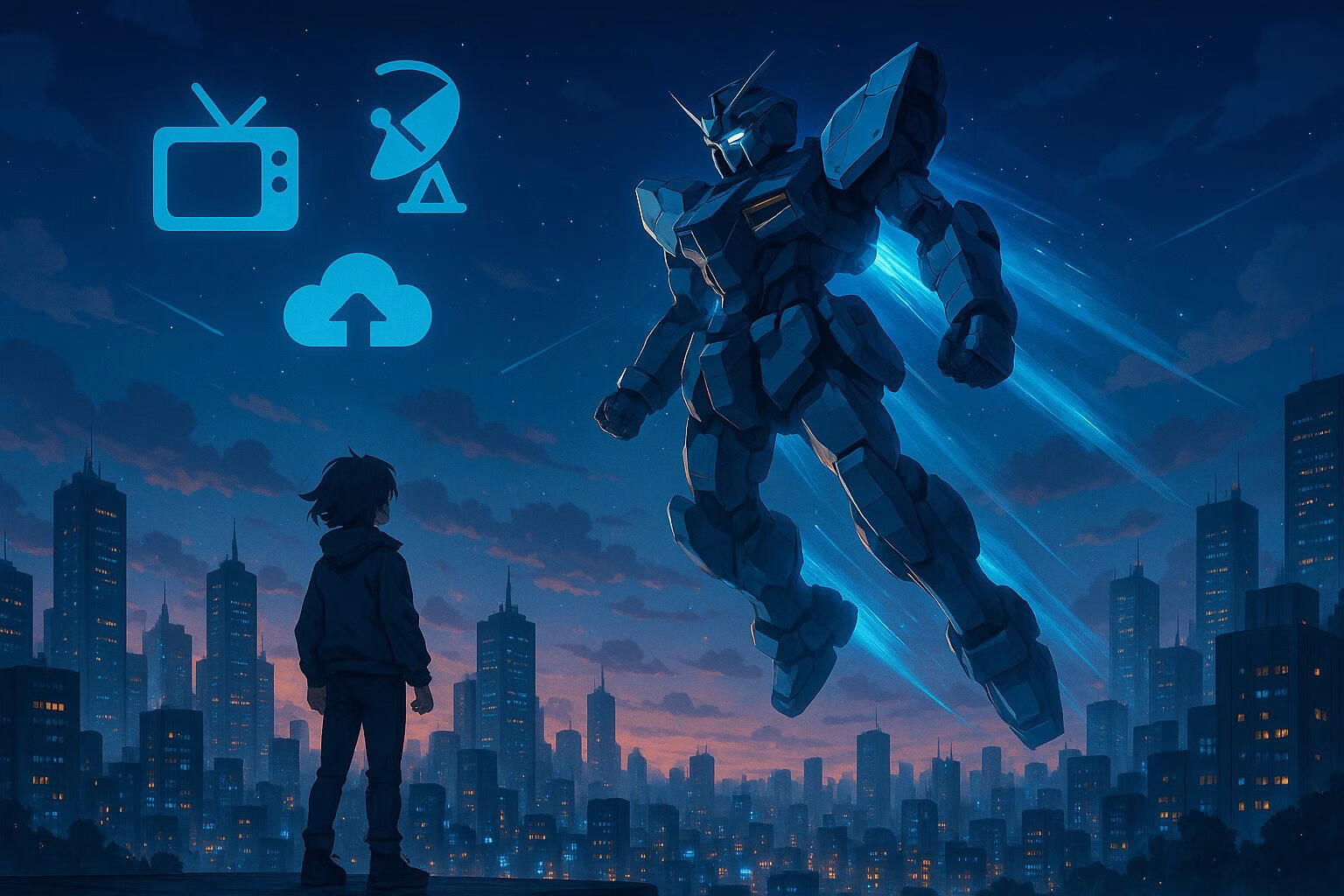 夜の都市を背景に浮かぶ巨大ロボットと、それを見上げる人物の後ろ姿。放送や配信を象徴するアイコンが空に浮かぶ未来的なイメージ。AI生成イメージ画像/非公式素材