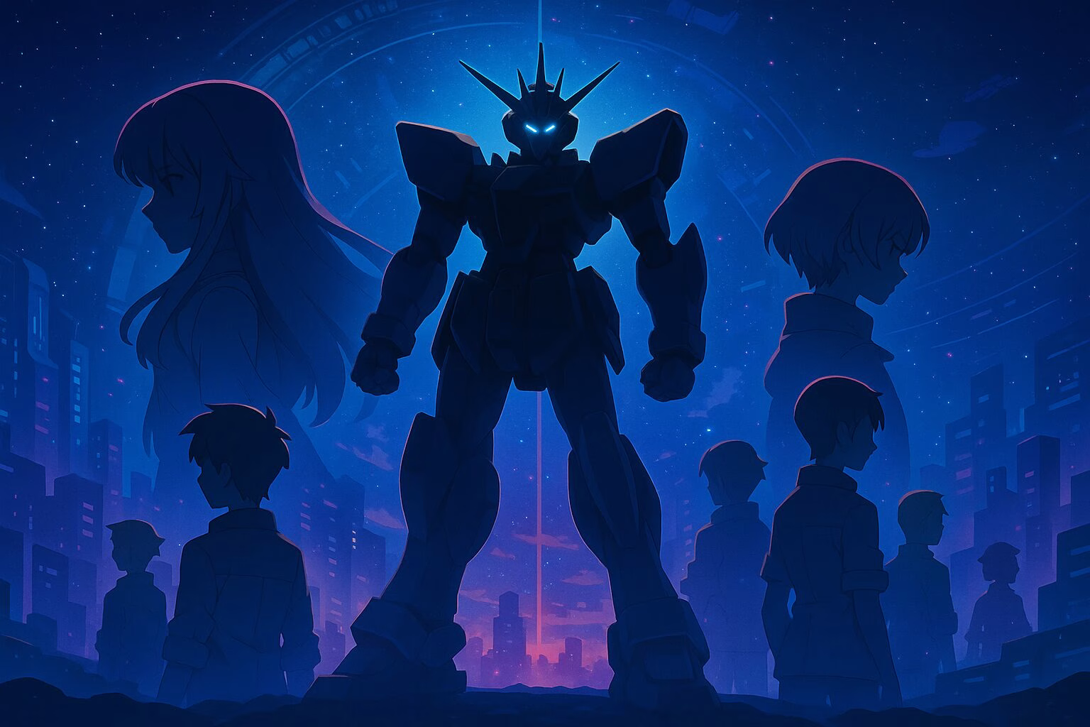 近未来の宇宙都市を背景に、巨大なロボットと複数のキャラクターシルエットが描かれたアニメ風イラスト。AI生成イメージ画像/非公式素材