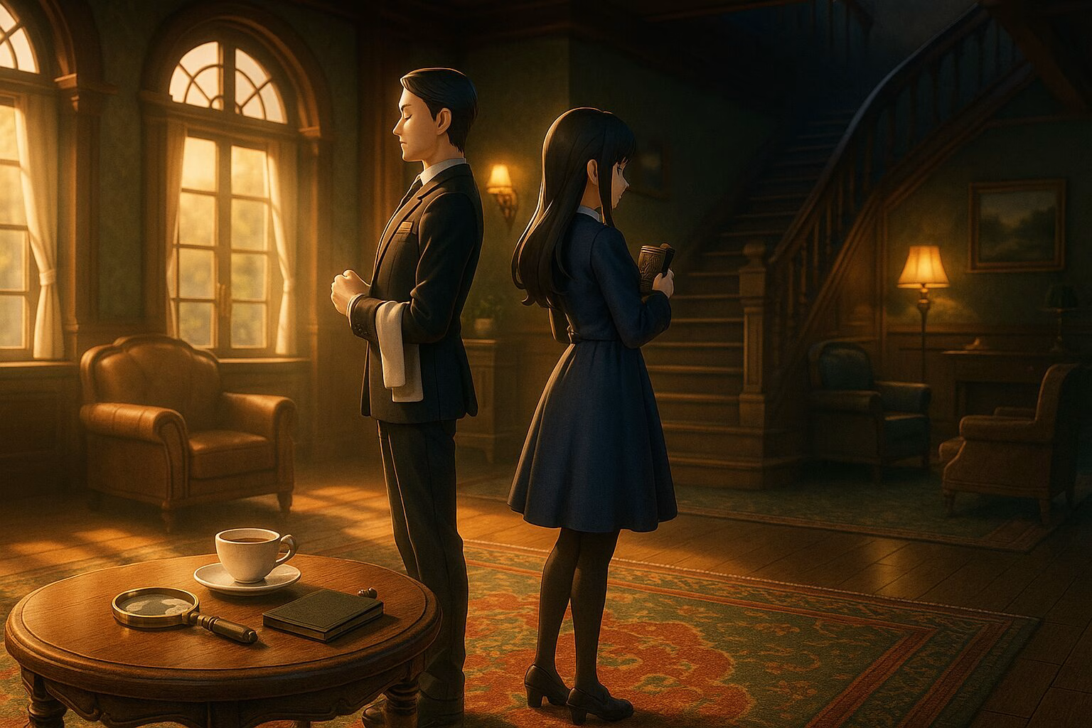 洋館の室内で背中合わせに立つ執事風の男性と探偵風の女性を描いた3DCGアニメ風イラスト。手前には紅茶と虫眼鏡が置かれ、落ち着いた光が差し込むミステリアスな雰囲気。AI生成イメージ画像/非公式素材