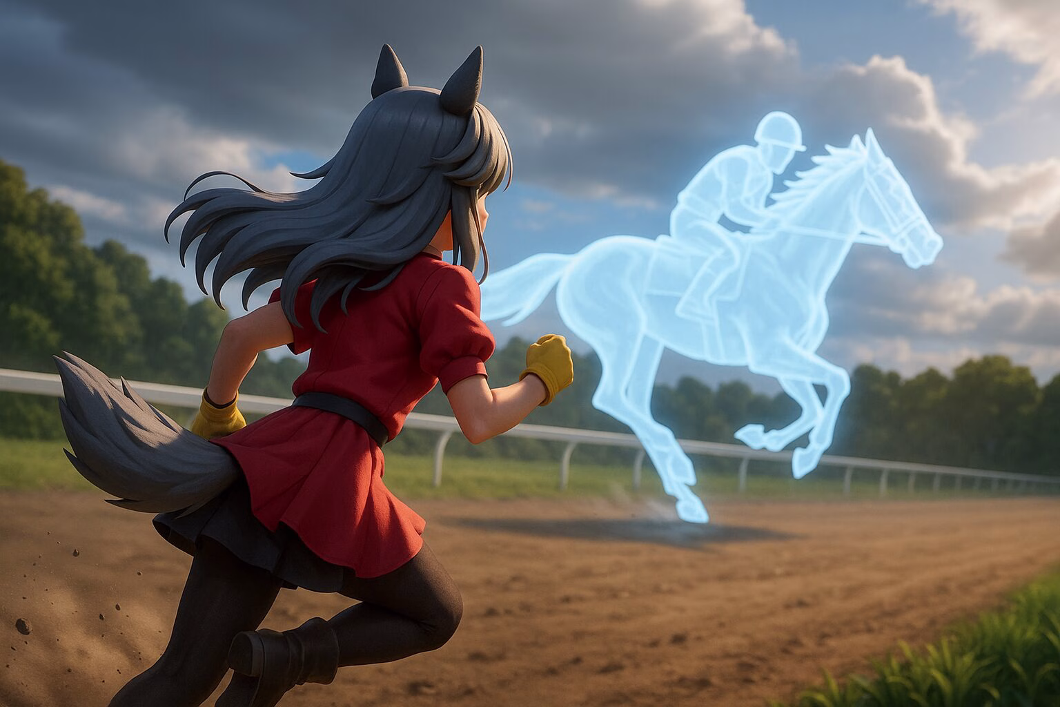 3DCGアニメ風のキャラクターが競馬場のトラックを走る様子を描いたイラスト。背景には夕暮れの空とエフェクトで表現された幻想的な馬の姿がある。AI生成イメージ画像/非公式素材