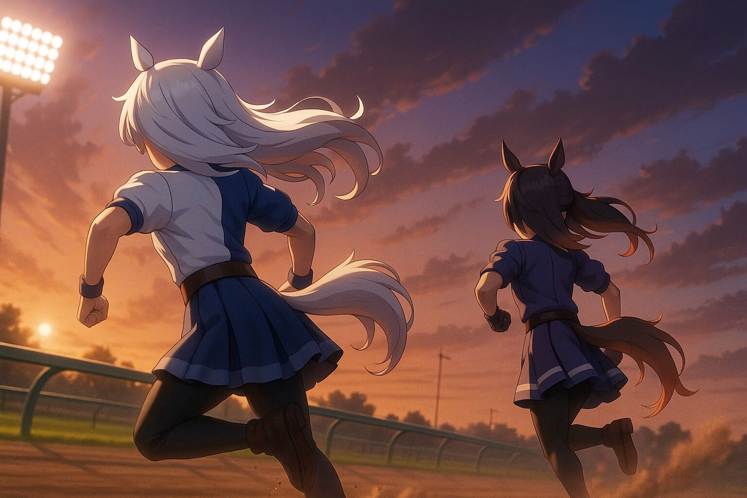 夕焼けの競走トラックを走る2人のアニメ風キャラクターの後ろ姿。風に髪をなびかせながら全力で走る様子が描かれている、3DCGアニメ調のイラスト。AI生成イメージ画像/非公式素材
