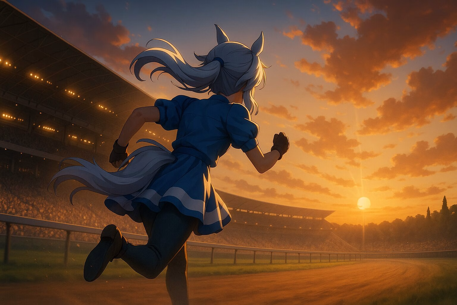 夕暮れの競技場を全力で走る白髪の少女の後ろ姿を描いたアニメ風イラスト。AI生成イメージ画像/非公式素材