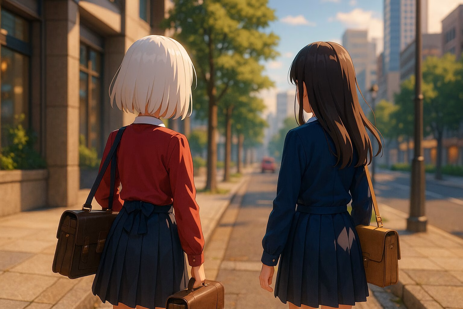 公園通りを並んで歩く制服姿の女子学生ふたり、暖かな午後の光に包まれた都市の風景の中で穏やかなひとときを過ごしている様子。AI生成イメージ画像/非公式素材