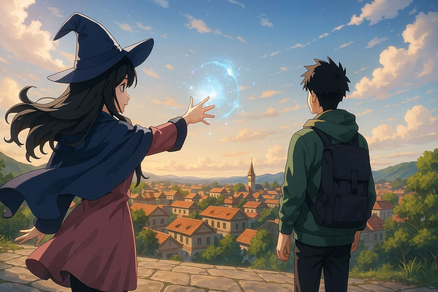 魔法を使う帽子姿の少女と、街を見下ろす少年のアニメ風イラスト。AI生成イメージ画像/非公式素材/ファンアート。