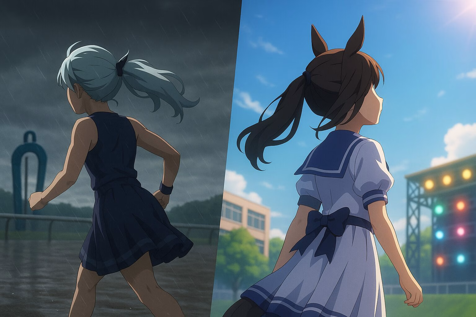 雨の中を走る少女と、晴れた舞台を見上げる少女の対比を描いたアニメ風イラスト。努力と輝きの感情表現を象徴するビジュアル構成。AI生成イメージ画像/非公式素材