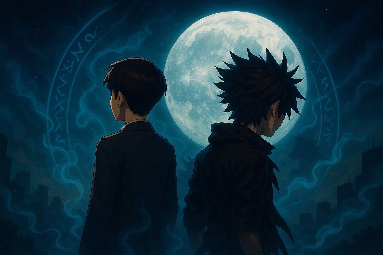 感情の対比を表現する2人の少年が満月の夜に背中合わせで立つ、魔法のルーンと都市の風景が広がる幻想的な3DCGアニメ風イラスト。AI生成イメージ画像/非公式素材