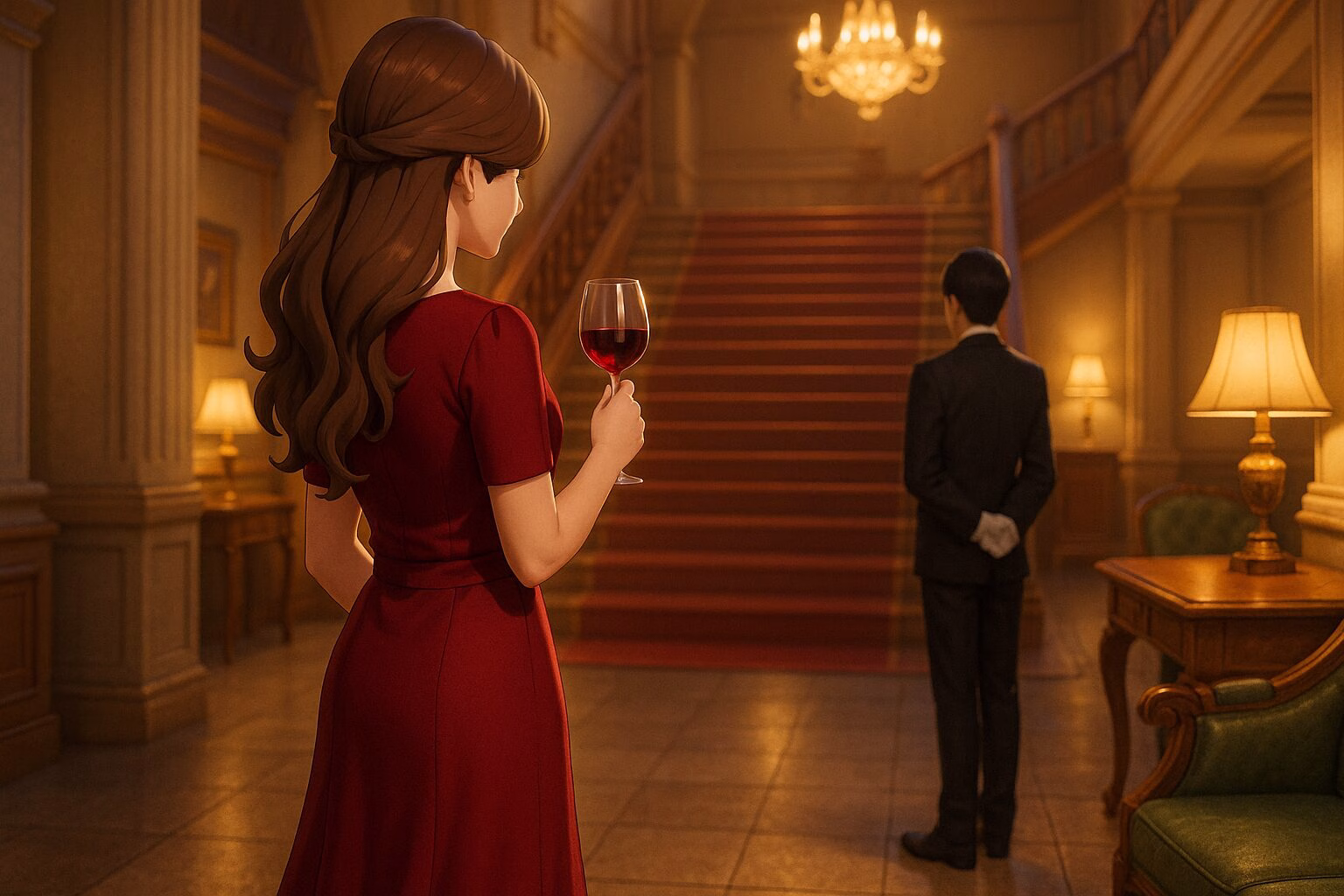 赤いドレスを着た女性がグラスを手に持ち、豪華な洋館のホールに立つ。奥には手袋を着用した執事が佇んでおり、全体が上品でミステリアスな雰囲気に包まれている3DCGアニメ風のイラスト。AI生成イメージ画像/非公式素材