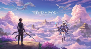 "Anime fantasy banner for ENTAMI.VOD featuring a young warrior, a female mage, and majestic dragons flying over a pastel oriental cloud city, with brand text in the sky."