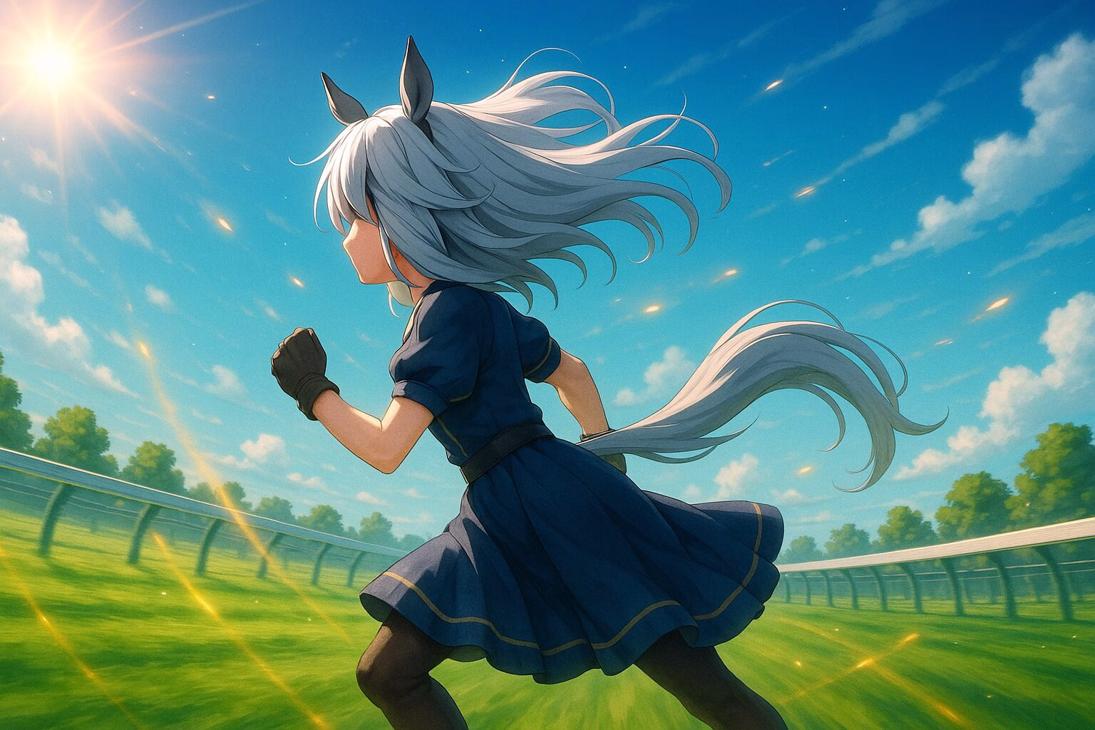 長い銀髪の少女が夕日に照らされた競走コースを全力で走っている後ろ姿。風を受けて広がる髪とスカート、鮮やかな青空が印象的な3DCGアニメ風イラスト。AI生成イメージ画像/非公式素材
