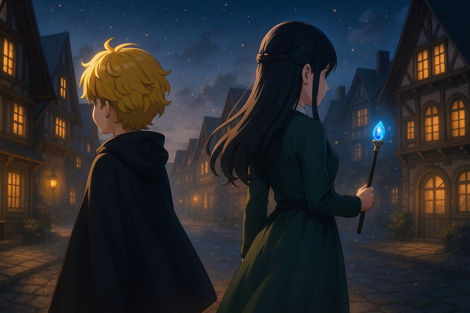 黄昏の魔法の街を背景に、ケープ姿の少年と杖を持つ少女が後ろ姿で佇むファンタジー風イラスト。AI生成イメージ画像/非公式素材