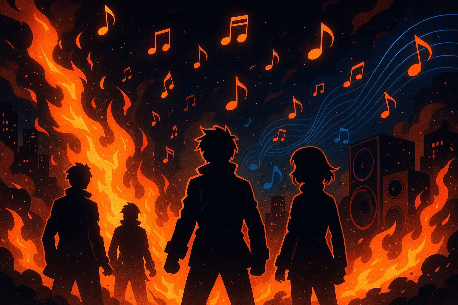 燃え上がる都市の夜景を背景に、音楽と炎が交錯するアニメ風シルエットのキャラクターたちを描いたイメージ画像。AI生成イメージ画像/非公式素材