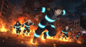 アニメ『炎炎ノ消防隊』のキャラクターたちが、燃え盛る都市を背にして前方に向かって突撃している緊迫感あるバトルシーン。