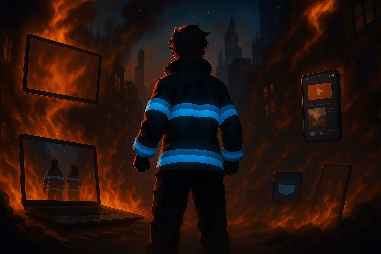 燃え上がる都市を背景に立つアニメ風の消防士の後ろ姿と、映像再生を想起させるデバイスが浮かぶ幻想的なイメージ。AI生成イメージ画像/非公式素材