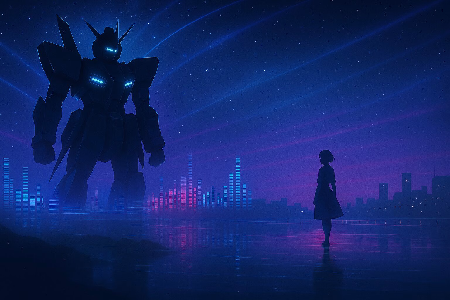 未来的なアニメ風の世界で、発光するロボットと少女が夜空の下で向き合う印象的なシーン。音楽と感情が交差する幻想的な構図。AI生成イメージ画像/非公式素材