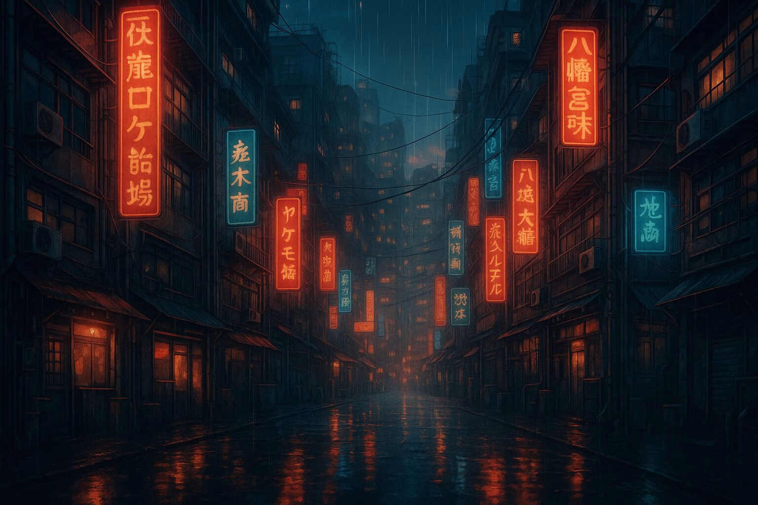 未来的な都市の路地を描いたアニメ風イラスト。雨に濡れた街並みにカラフルなネオンサインが灯り、ノスタルジックかつサイバーパンクな雰囲気を演出している。AI生成イメージ画像/非公式素材