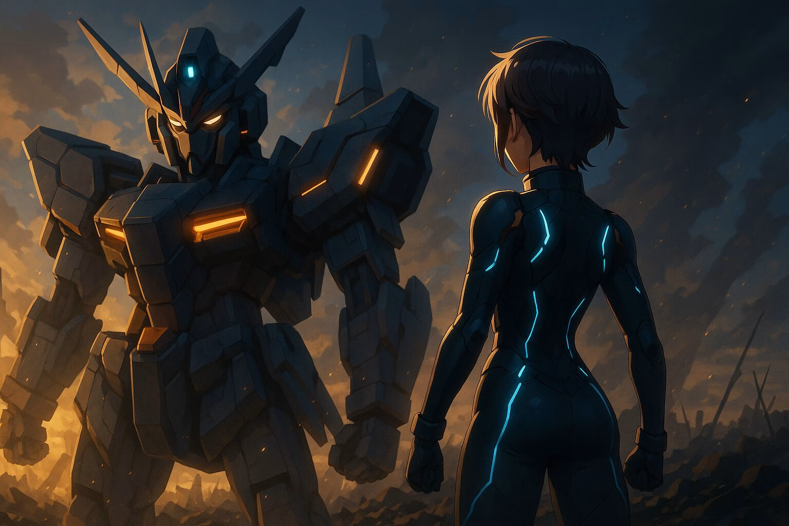 戦場の夕焼けを背景に、高機動スーツを着た女性パイロットと大型ロボットが向かい合うSFアニメ風イラスト。AI生成イメージ画像/非公式素材