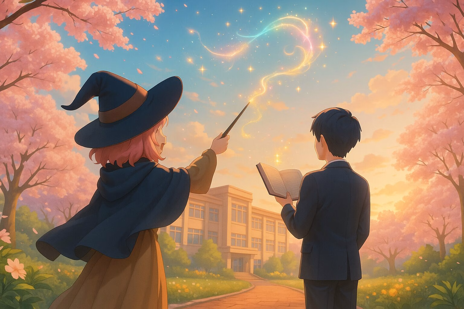 春の夕暮れ、魔法を使う少女と本を読む少年が桜並木の中で佇む3DCGアニメ風の幻想的なイラスト。AI生成イメージ画像/非公式素材