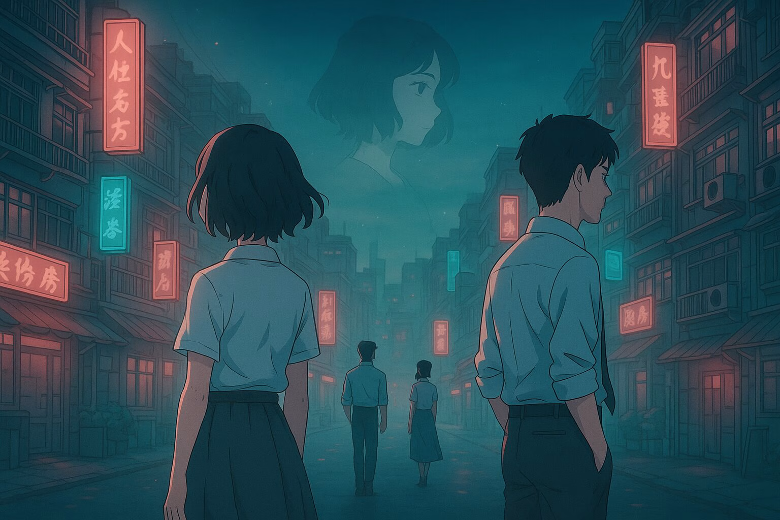 ネオンが灯るレトロな街並みに立つ男女の後ろ姿と、記憶と感情を暗示する幻想的な雰囲気のイラスト。AI生成イメージ画像/非公式素材