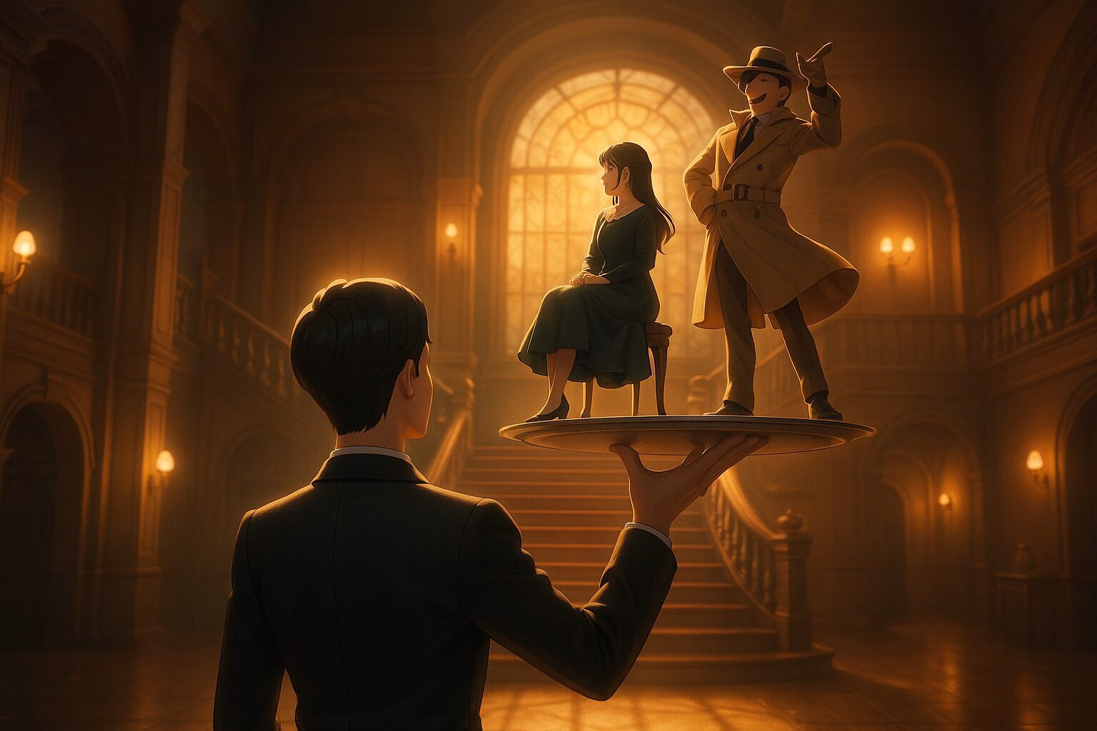 夕暮れの洋館ロビーに立つ執事と、銀のトレーに乗る男女を描いた3DCGアニメ風ビジュアル。クラシカルで奥行きのある構図が特徴。AI生成イメージ画像/非公式素材