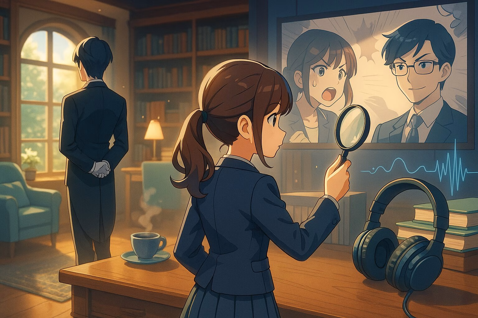 クラシックな図書室で、後ろ姿の執事と、拡大鏡を持つ少女がミステリーを探求する様子。奥にはマンガ風のパネルとヘッドフォンが配置され、複数のメディアで物語を楽しむ世界観が描かれている。AI生成イメージ画像/非公式素材