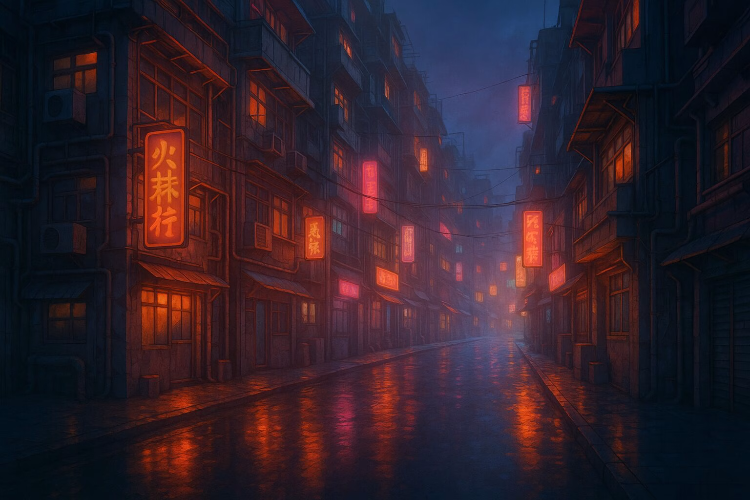 ノスタルジックな夏の夜の街並みを描いた3DCG風のイラスト。ネオンが反射する濡れたアスファルトと古びたビル群が幻想的な雰囲気を演出している。AI生成イメージ画像/非公式素材
