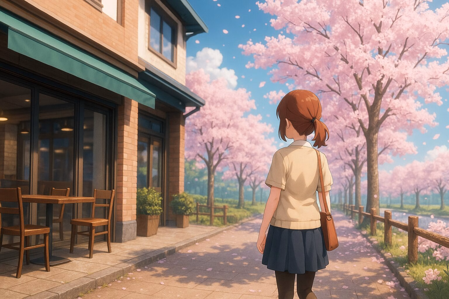 春の桜が咲く遊歩道を歩く少女とカフェの外観を描いた、穏やかな雰囲気の3DCGアニメ風イラスト。AI生成イメージ画像/非公式素材