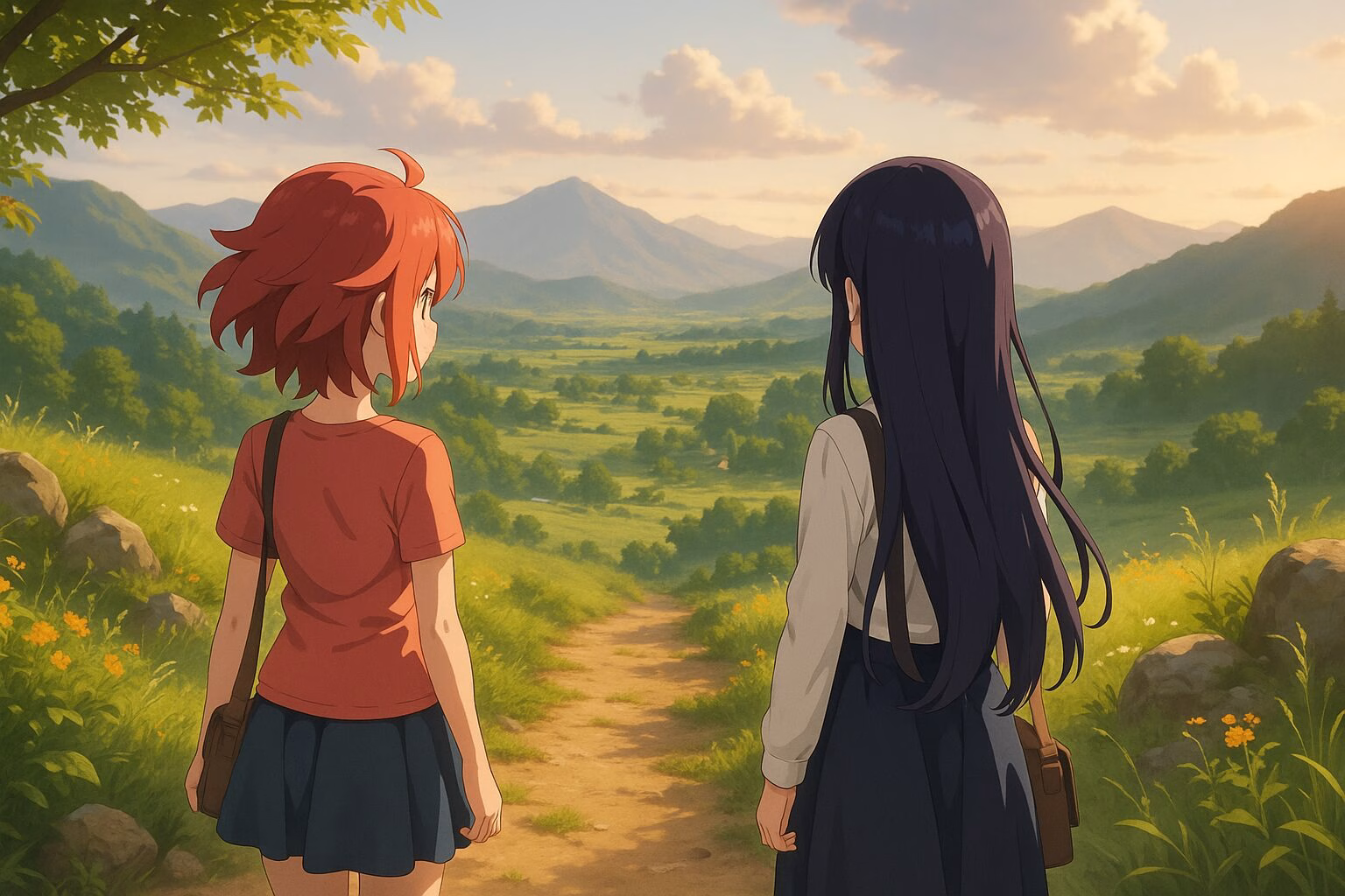 夏の草原で遠くの山を見つめる二人の少女の後ろ姿。穏やかな関係性と自然の静けさを感じさせる情景。AI生成イメージ画像/非公式素材