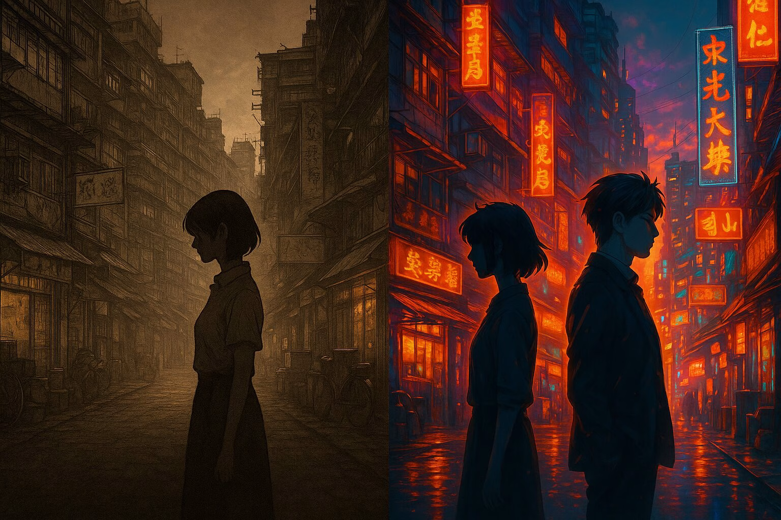 レトロな高密度都市の夕景を背景に、漫画風とアニメ風で対比的に描かれた男女のシルエットが並ぶ比較イラスト。AI生成イメージ画像/非公式素材