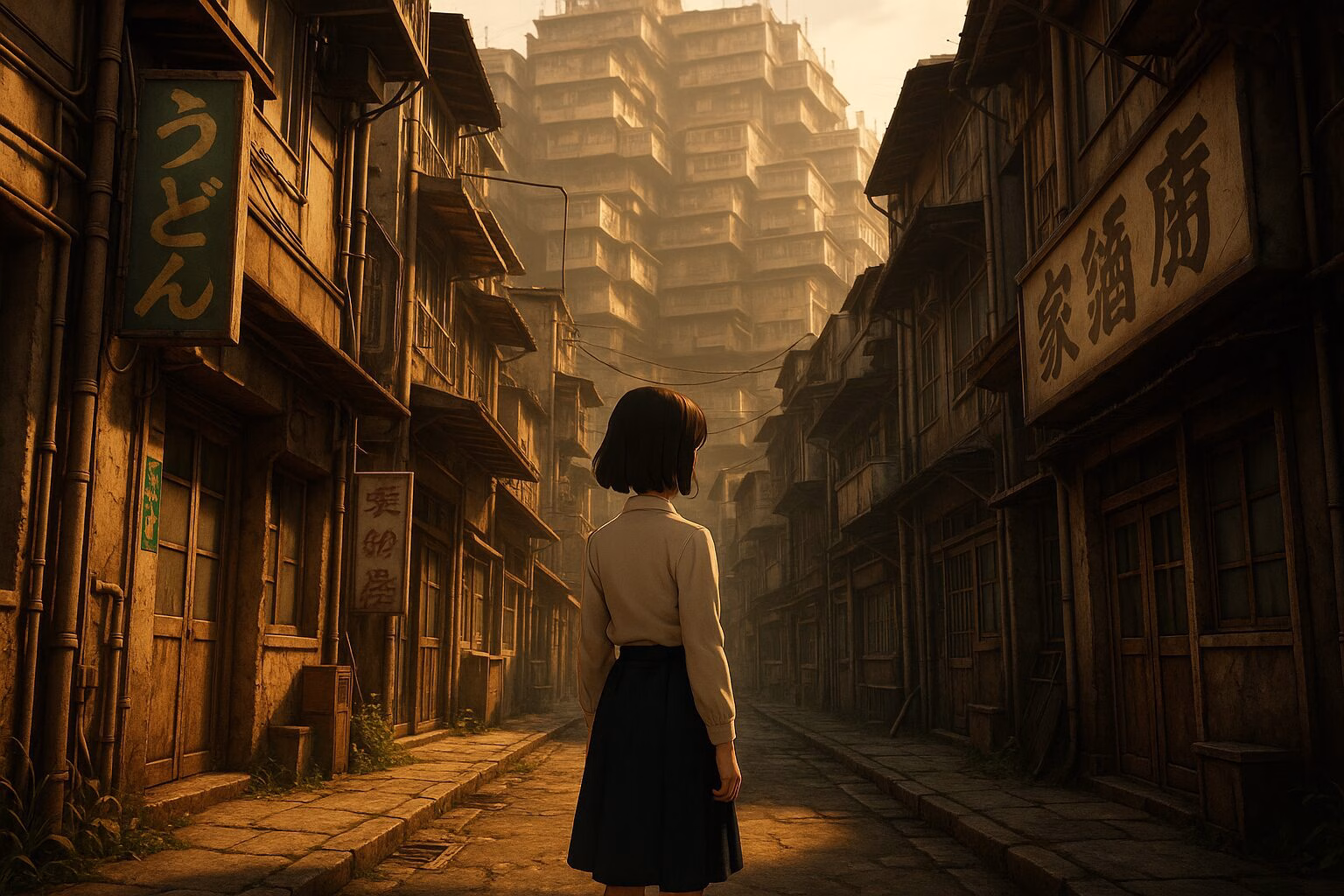 夕暮れのレトロな路地に立つ女性の後ろ姿。密集した建物と昭和風の街並みが、不思議な空気感を漂わせている3DCGアニメ風イラスト。AI生成イメージ画像/非公式素材